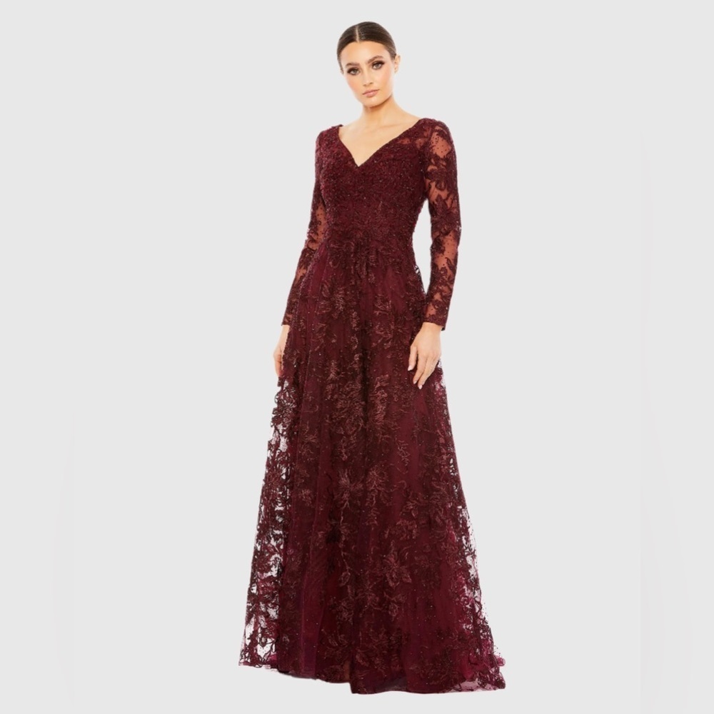 Mac Duggal Deep Red Lace Long Sleeve Gown